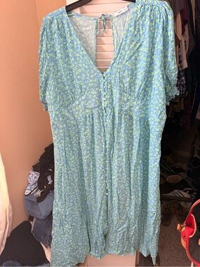 Mango Light Blue Dress with Lime Green Floral Print
